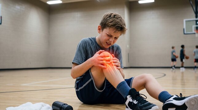 Boy athlete sitting on basketball court floor holding painful knee. Child suffering from sports injury with digital visualization of joint ache. Healthcare and medical trauma concept.
