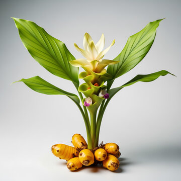 Turmeric plant with flowers and roots isolated on white background.