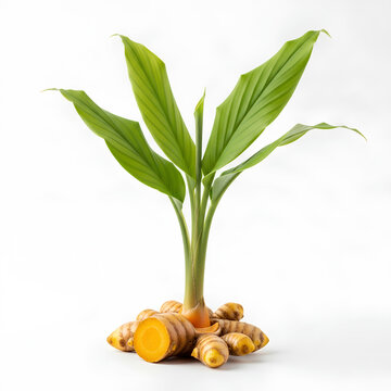 Turmeric plant with fresh leaves and rhizomes on white background.
