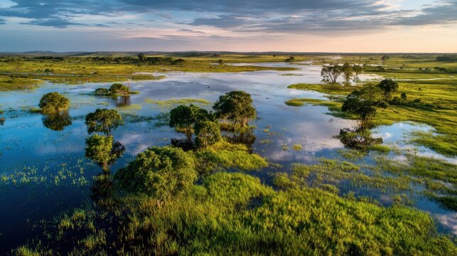Wide-Angle Pantanal Scene: Water, Grasses and Diverse Wildlife in Brazil's Wetlands