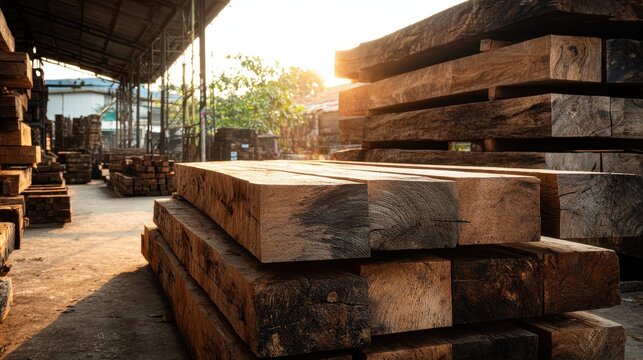 Heavy wooden timber beams stacked in a lumberyard under warm sunset light