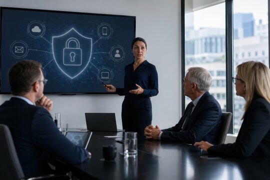 Confident professional woman presenting cybersecurity strategy in modern boardroom with digital shield graphic on screen, corporate meeting discussing tech protection and data safety concepts