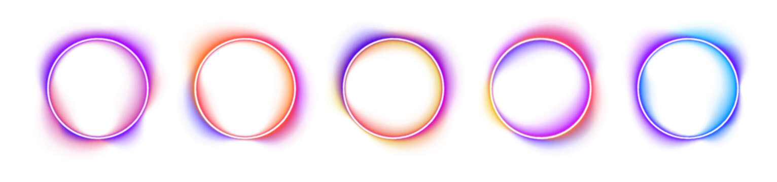 Bright neon ring glows with smooth gradient edges and soft reflections. Floating light particles enhance futuristic mood. Abstract PNG circle design set.