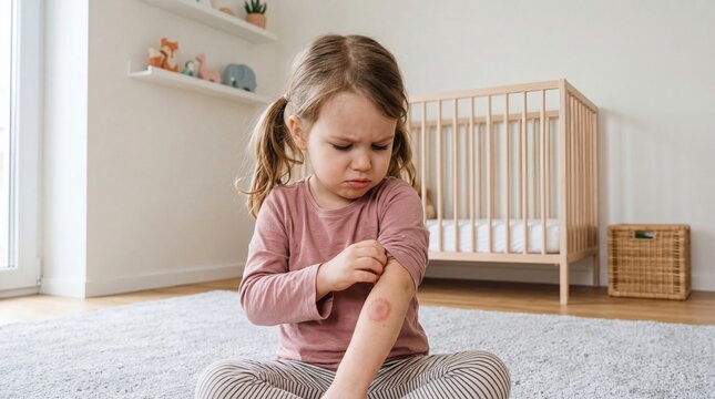 Little girl scratching red ringworm skin rash on arm. Toddler suffering from itchy fungal infection or dermatitis. Dermatology, healthcare, childhood allergy and medical treatment concept.