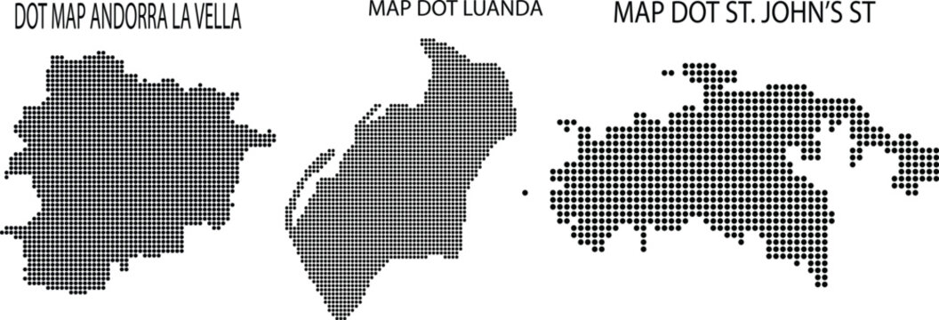 Dot Maps of Andorra La Vella, Luanda and St. Johns in Minimalist Vector Style