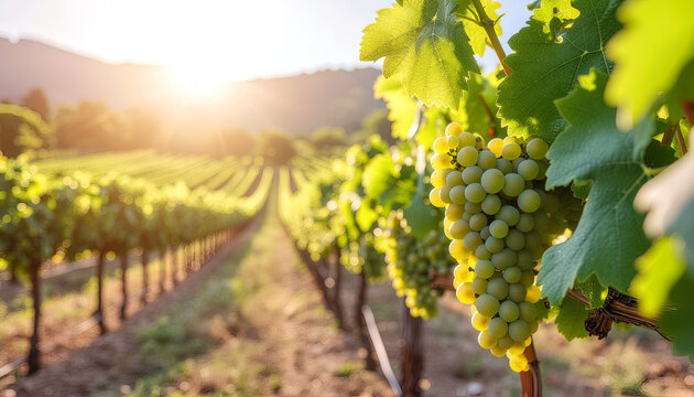 Sunlit vineyard with green grape clusters at harvest.