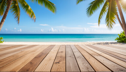 Sunny tropical beach with wooden deck and palm fronds framing. © Blen