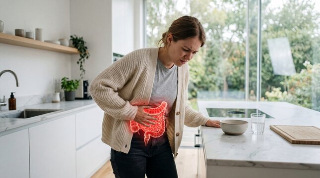 Woman suffering from severe abdominal pain and stomach ache in kitchen. Concept of digestive tract health issues. Medical visualization of colon inflammation or gastrointestinal disorder.