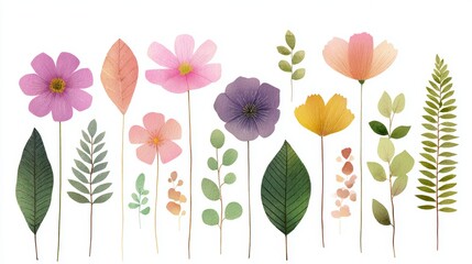 Naklejka premium Delicate Watercolor Floral Collection — Vibrant Blooms and Diverse Leaves in Soft Pastels, Perfect for Botanical Designs and Decor