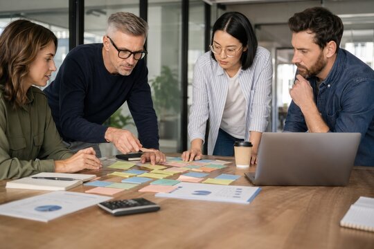 Diverse team of four professionals collaborating around wooden table in bright modern office, strategizing with sticky notes, charts, and laptop for brainstorming session, focused expressions