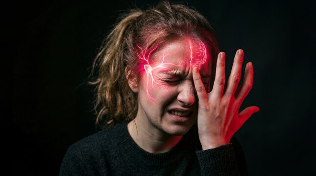 Woman suffering from severe migraine with digital glow on head. Concept of chronic headache, neurological pain and brain health issue. Healthcare diagnostic visual for medicine study.