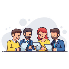 Fototapeta premium Team collaborating with tablets in office meeting setting. non editable strokes