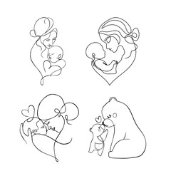 Fototapeta premium White Line Art Mother and Child Heart on Black Background - High Contrast Dramatic Greeting Card Design for Mother’s Day and Premium Digital Art Collections
