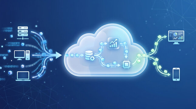Digital cloud computing architecture visualization showing data flow from local devices to centralized server storage and distributed mobile analytics processing systems