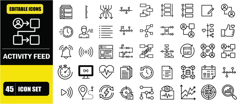 Activity Feed Icon Set &ndash; User Activity Stream, Timeline Updates, Social Feed, System Logs and Real Time Activity Tracking Line Icons &ndash; Thin Line Editable Stroke Vector Illustration for UI UX, Web and 