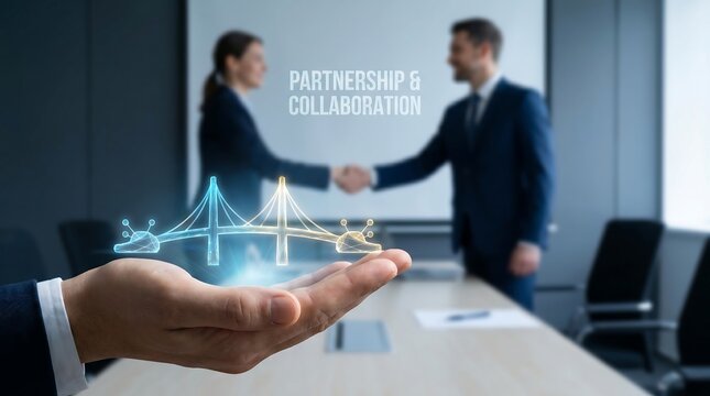 Business handshake and hologram bridge symbolizing partnership and collaboration in a modern office setting