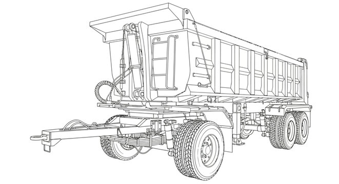 Detailed wireframe drawing of a heavy-duty dump trailer with hydraulic lift mechanism and multiple axles, used for bulk material transport.