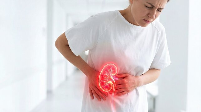 Woman suffering from kidney pain. Girl holding side because of renal ache. Anatomy of human organ with inflammation highlighted in red. Healthcare concept and urology medical problem.