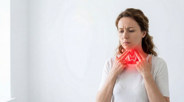 Woman feeling neck pain and touching her thyroid gland. Medical visualization of endocrine system disorder. Concept of thyroiditis, hormone imbalance, and health diagnostic check.
