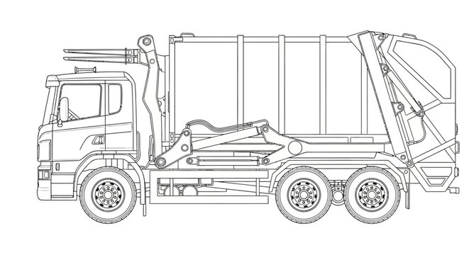 Detailed line drawing illustration of a garbage truck, showcasing its mechanical components and chassis.