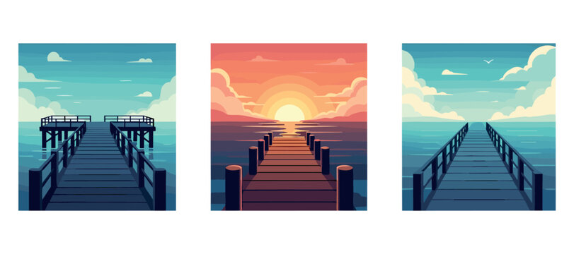 Wooden piers extending over calm sea during sunrise and daylight