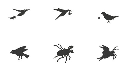 Skyward Silhouette: A minimalist monochrome depiction showcases a collection of bird and insect silhouettes in motion. Capture the essence of flight and the natural dance between predator and prey. © abidakhatun