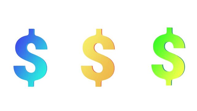 Set of three stylized 3D dollar signs animation with vibrant blue orange and green gradients on white background