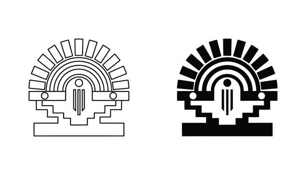 Modern architectural archway icon vector set featuring abstract sunburst steps and structural symmetry in both outline and solid black ink style for construction or branding usage