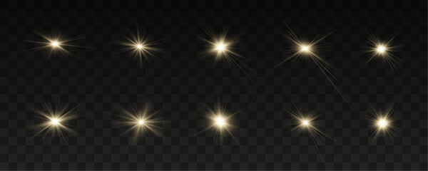 Abstract sun flare expands over dark horizon. Golden particles drift with soft luminous glow. Vector illustration for cinematic sky effects. © Extrastock
