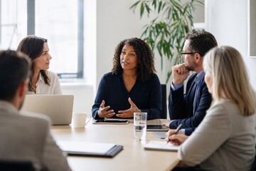 Obraz premium Diverse professional business team in modern bright office discussing strategy during collaborative meeting, focused and engaged expressions, corporate success and leadership concept