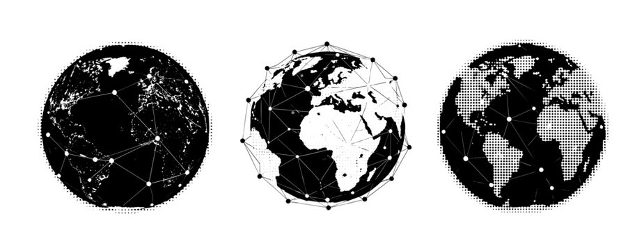 Globes connected with network nodes on white background. not ideal dots