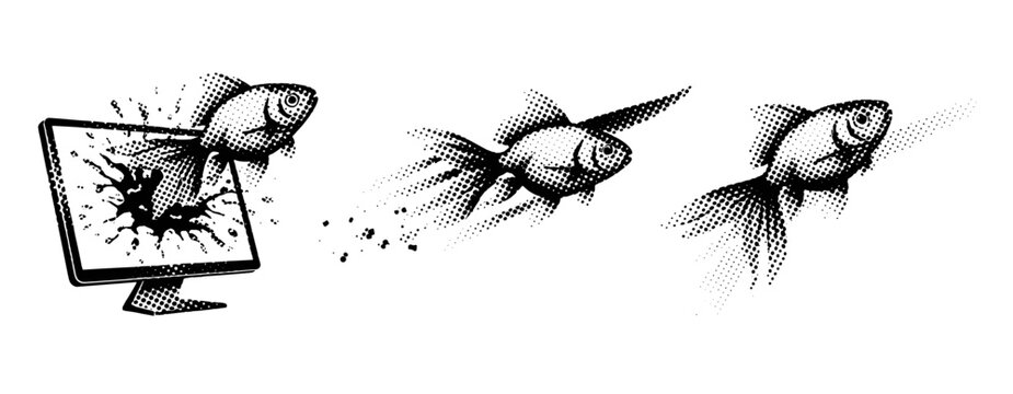 Goldfish leaping from monitor then swimming across white background. not ideal dots