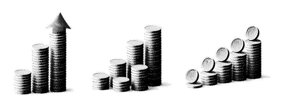 Stacks of coins showing growth trends on white background. not ideal dots