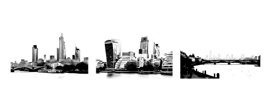 City skyline spanning river with bridges in halftone. not ideal dots