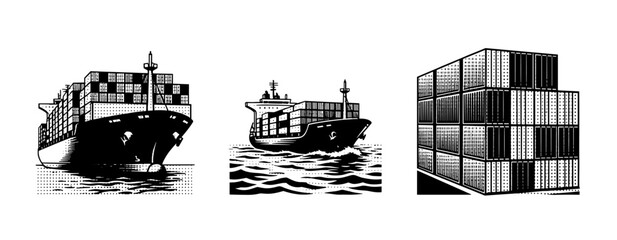 Obraz premium Container ship cargo vessels with stacked containers on white. not ideal dots