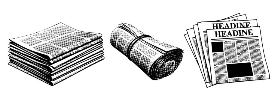 Newspapers stacked rolled and folded on white background. not ideal dots