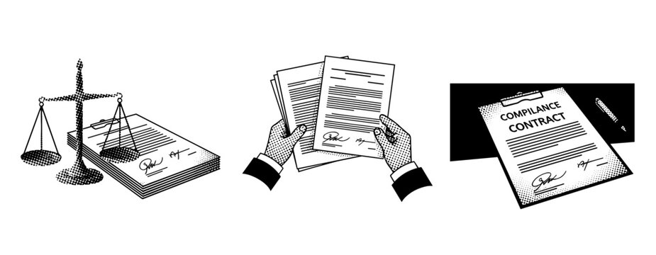 Legal documents being reviewed with scales and signatures on desk. not ideal dots