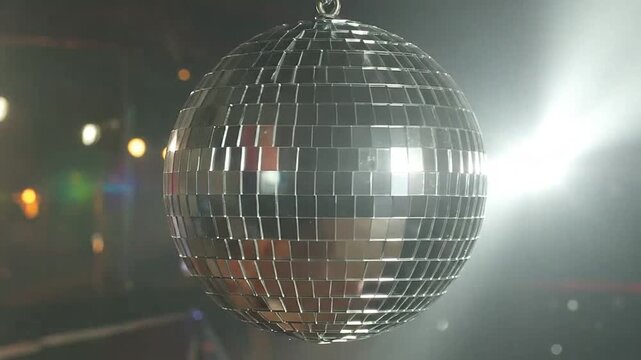 A reflective sphere hangs in a dimly lit venue, catching the light