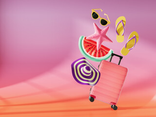 Obraz premium Travel luggage with beach accessories on colorful background with copy space. Summer travel. 3D Rendering, 3D Illustration