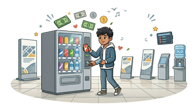 Young character using a credit card to purchase a drink from a vending machine in a modern lobby, flat vector illustration concept with icons and money