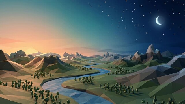 Stylized low‑poly valley with winding rivers, forests, and faceted mountains shifts from warm sunrise to starry night beneath a crescent moon. Tranquil 3D landscape background motion graphics.
