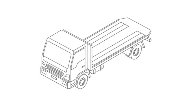 Isometric line drawing of a dump truck, showcasing its mechanical components and utilitarian design.