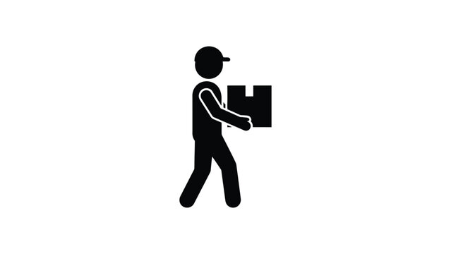 Black silhouette icon of a delivery worker carrying a cardboard box package.