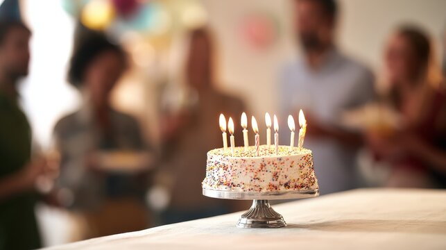 A birthday cake with lit candles is prominently displayed on a table, with a group of blurred people celebrating in the background.