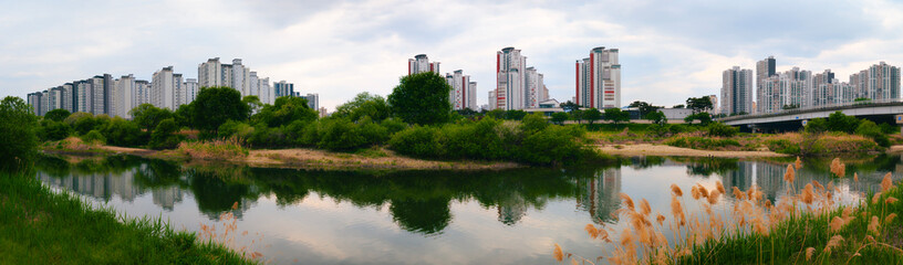 Fototapeta premium Beautiful Daejeon City panoramic spring skyline along Gabcheon River Park and the ecological conservation area with clean water and vibrant vegetation in Yuseong Oncheon, South Korea.