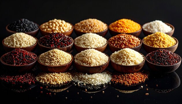 Diverse dry ingredients colorful grains, legumes, spices in rustic bowls on dark surface, highlighting healthy culinary variety