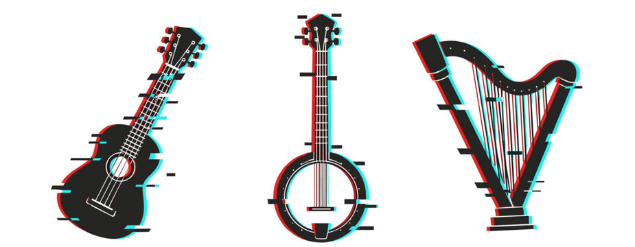Glitch art of musical instruments: guitar, banjo, and harp with digital distortion effects