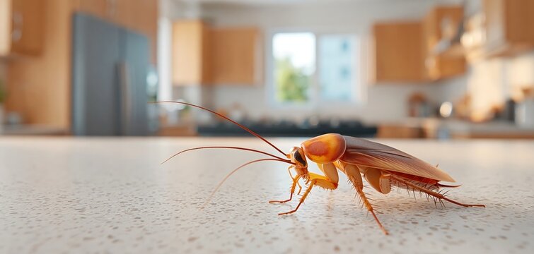 A close-up of a cockroach on a kitchen countertop with blurred cabinets and window in the background.