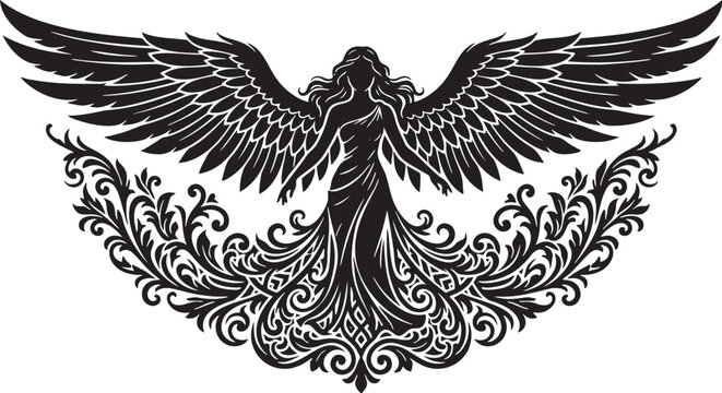 Title: Symmetrical Art Deco Angel Deity Silhouette.
