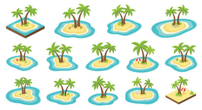 Set of diverse isometric tropical island illustrations featuring sandy beaches and palm trees scattered across a plain white background for travel and leisure design.